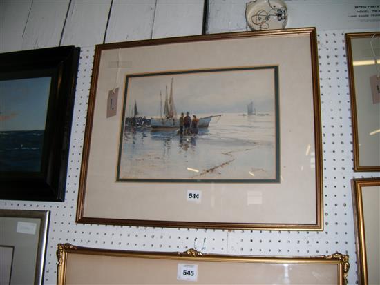 David Gould Green (1854-1917), watercolour, Fisherfolk and boats on the shore, signed
